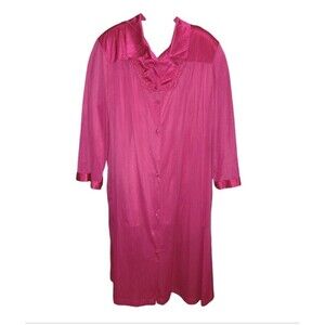 Vintage Vanity Fair Nylon Robe Nightgown L Fuchsia Pink Embroidered Satiny Trim